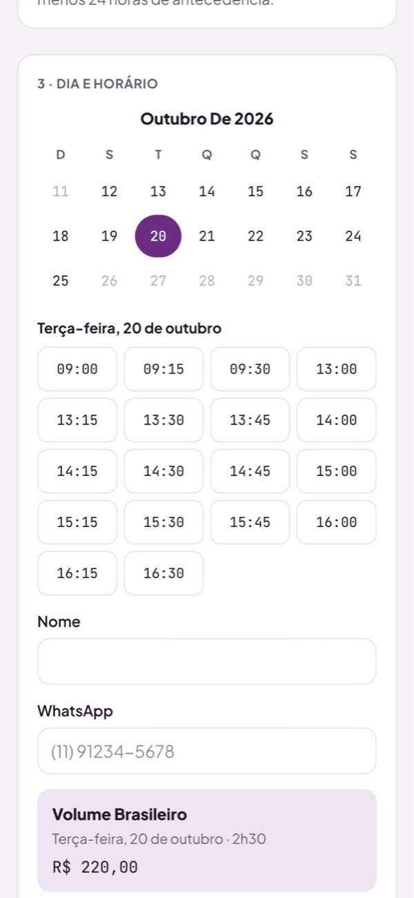Agendamento pelo link: calendário e horários livres de terça, 20 de outubro