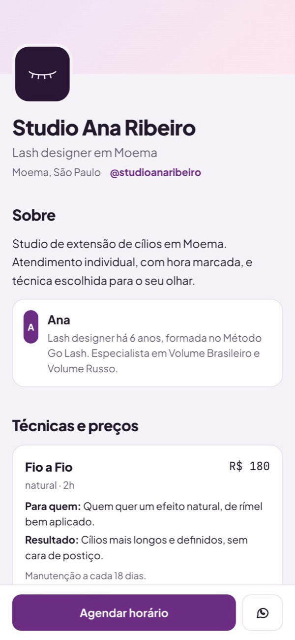Página pública do Studio Ana Ribeiro com apresentação, profissional e técnicas